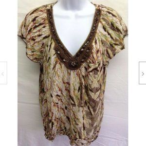 Women's Brown Embellished V Neck Leaf Blouse L